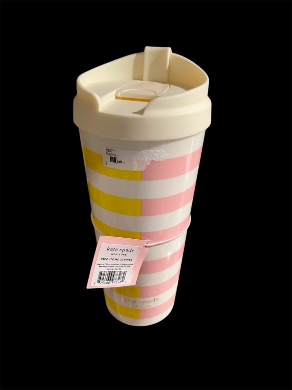 Kate♠️ Spade ♠️ Two-Tone Stripe Travel Tumbler - Pink, Yellow & Cream